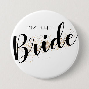 Ik ben de Bruid Knop met Gouden Glitters Ronde Button 7,6 Cm