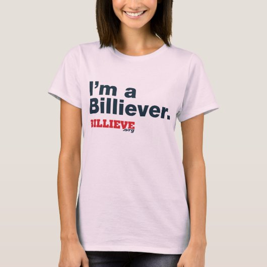 "Ik ben een Billiever" roze T-shirt (Voorkant)