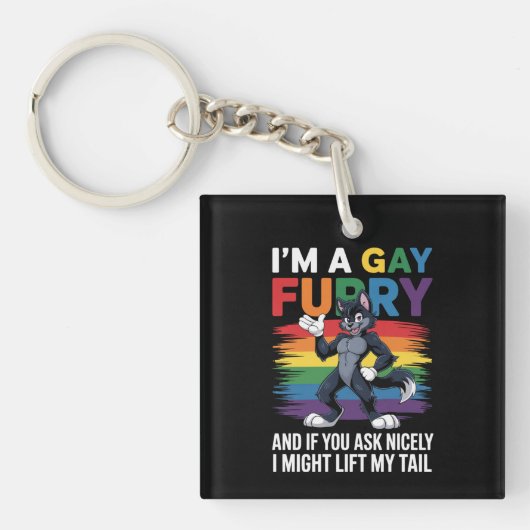 Ik ben een Gay Furry Rainbow Fox Wolf Pride Month Sleutelhanger (Voorkant)