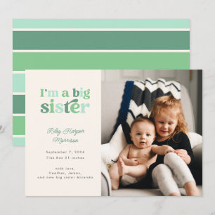Ik ben een Grote Zus (Groen) Foto Geboorte Aankondiging