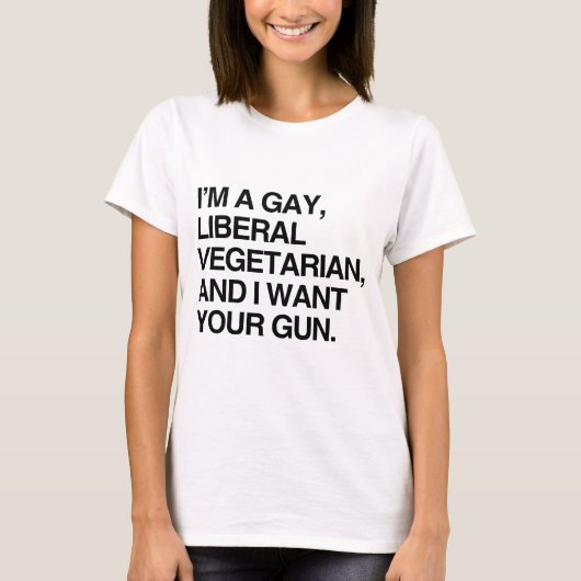 Ik ben een homoseksuele, liberale vegetariër t-shirt (Voorkant)