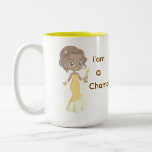Ik ben een kampioene vrouw in Yellow Dress Coffee  Tweekleurige Koffiemok