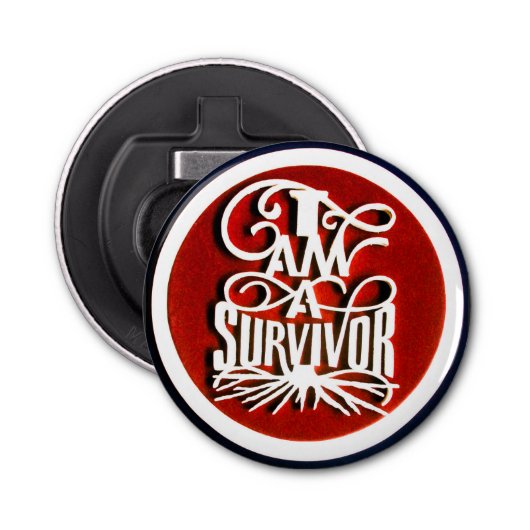 IK BEN EEN SURVIVOR Round Bottle Opener. Button Flesopener (Voorkant)