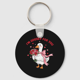 Ik ben gek op jou domme gans bloemboeket Valentijn Sleutelhanger
