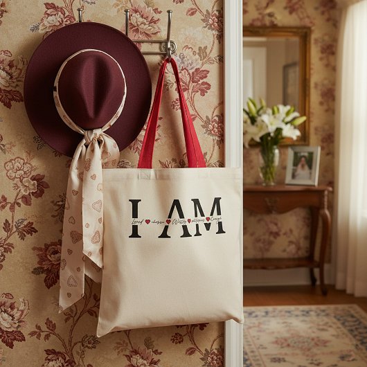Ik ben geliefd, uitverkoren, waardig, zegevierend, tote bag