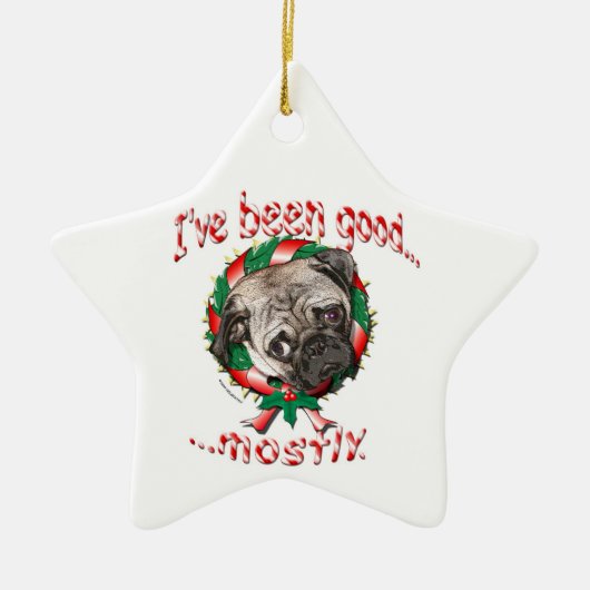 Ik ben goed geweest... meestal. Pug-kerstversierin Keramisch Ornament (Voorkant)
