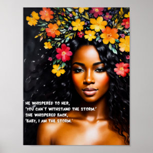 Ik ben het Storm Bloemen Waterverf Black Woman Art Poster