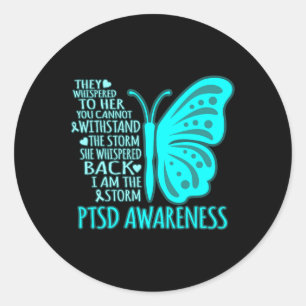 Ik ben het Storm PTSS Stress Awareness Ribbon Grap Ronde Sticker