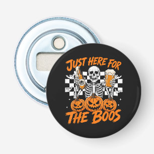 Ik ben hier alleen voor de Boos Halloween-skelet Button Flesopener