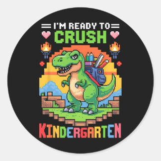 Ik ben klaar om de kleuterschool dinosaurus gamer ronde sticker