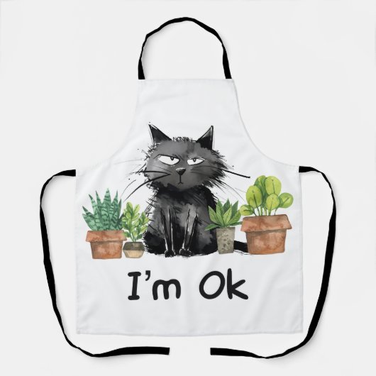 Ik ben OK Quilting Black Cat met planten Schort (Voorkant)