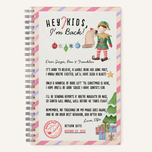 Ik ben terug! Kerstmis, elf-retourbrief voor kinde Notitieboek (Voorkant)