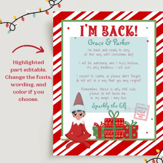 Ik ben terug Welkom Terug Kerst Elf Letter Print