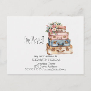 Ik ben verhuisd, vintage koffers, bloemen nieuw ad aankondigingskaart
