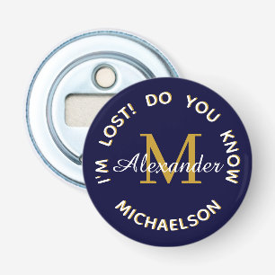 "Ik ben verloren" Monogram Name Navy Blue Button Flesopener