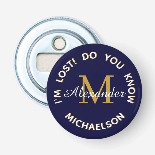 "Ik ben verloren" Monogram Name Navy Blue Button Flesopener (Voorkant)