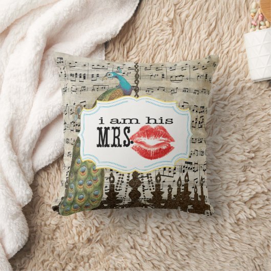 Ik ben zijn Mrs. Sheet Music Mustache Peacock Kussen (Deken)
