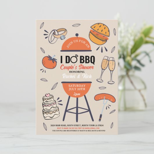 Ik doe BBQ Koppels Bruiloft Uitnodiging Tuin (Staand voorkant)