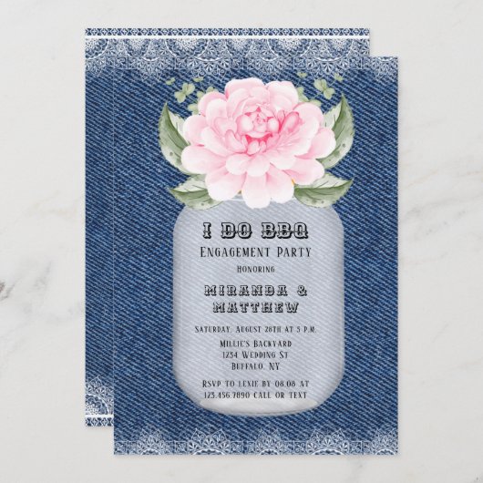 Ik doe BBQ Mason Jar Pink Peony Engagement Party Kaart (Voorkant / Achterkant)