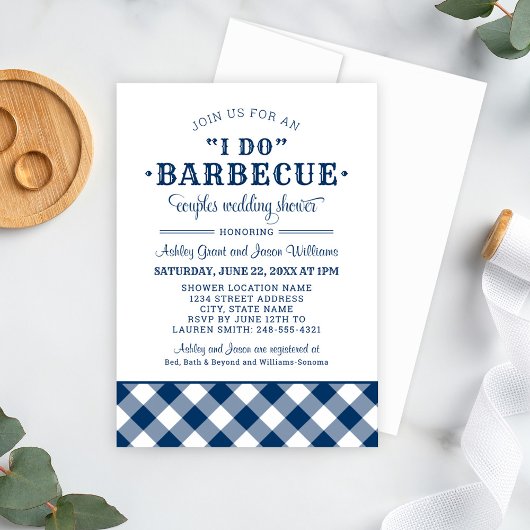 Ik doe BBQ Navy Blue Gingham Wedding Couples Showe Kaart