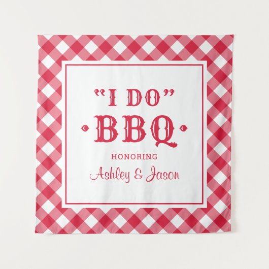 Ik doe BBQ Red Gingham Custom Weddenschap Monogram Wandkleed (Voorkant)