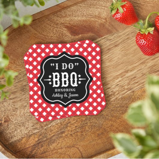 Ik doe BBQ Red Gingham Custom Wedding Vierkante Kartonnen Onderzetter