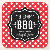Ik doe BBQ Red Gingham Custom Wedding Vierkante Kartonnen Onderzetter (Voorkant)