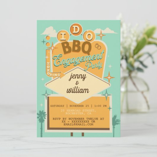 Ik doe BBQ Retro verlovingsfeest uitnodigingen (Staand voorkant)