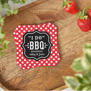 Ik Doe BBQ Rode Gingham Bruiloft Vierkante Kartonnen Onderzetter