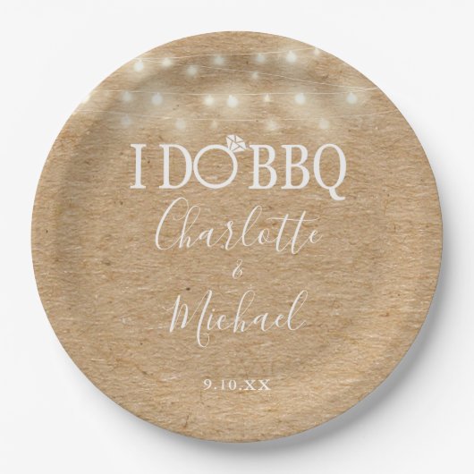 Ik doe BBQ Rustic Kraft Slingerlichtjes Trouw Papieren Bordje (Voorkant)