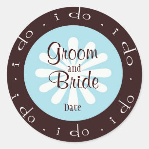 "ik doe" Blauw en Bruin Gepersonaliseerde Bruiloft Ronde Sticker