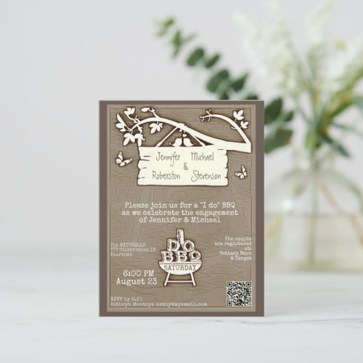 Ik doe het | BBQ | Verloving Oude Fashioned QR Cod Uitnodiging Briefkaart (Staand voorkant)