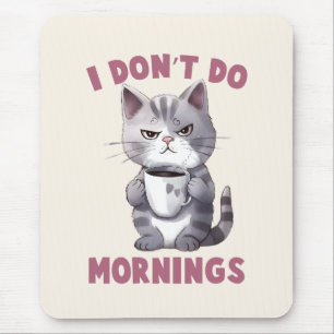 Ik doe 's ochtends niet - grijze kat met koffie muismat