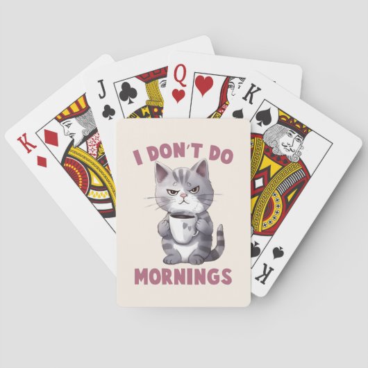 Ik doe 's ochtends niet - grijze kat met koffie pokerkaarten (Achterkant)