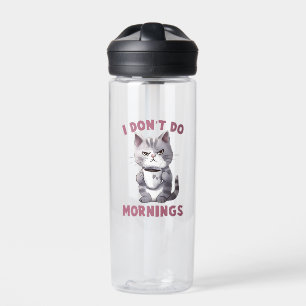 Ik doe 's ochtends niet - grijze kat met koffie waterfles