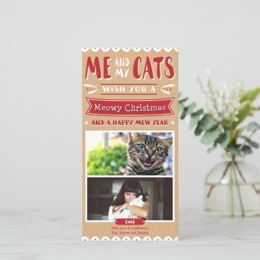 Ik en mijn katten Kerstmis 4x8 Photocard (2 Afbeel Feestdagenkaart (Staand voorkant)
