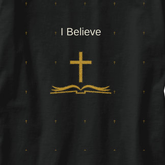 Ik Geloof Gouden Kruis en Bijbel Inspirerend T-shirt