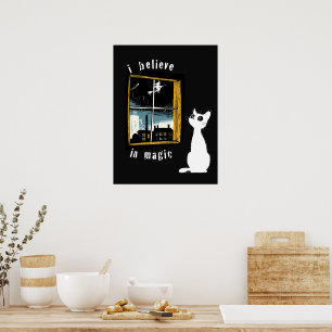 Ik Geloof in Magie Vintage Linocut Witte Kat Heks Poster