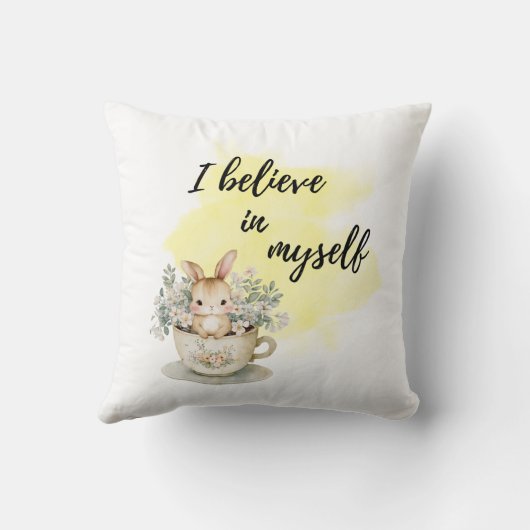 Ik geloof in mezelf konijn in theekopje positief kussen (Achterkant)