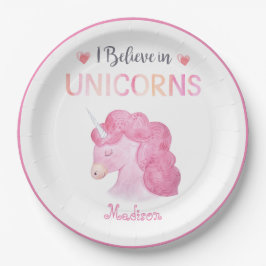 Ik geloof in Unicorns roze naam Birthday Girly Papieren Bordje