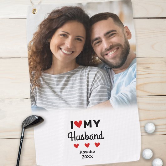 Ik Hart Mijn Man Foto Fun Golfer Modern Custom Golfhanddoek