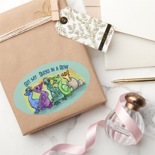 Ik heb al mijn eenden in een rij. ovale sticker (Geschenken)