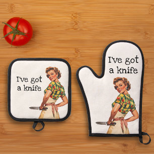 Ik Heb een Mes Sarcastische Retro Huisvrouw Ovenwant & Pannenlap Set
