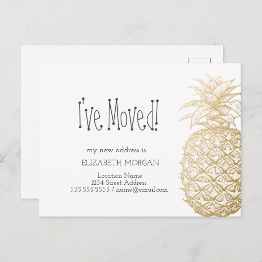 Ik heb me verplaatst, Chic Gold Pineapple Nieuw Ad Aankondigingskaart (Voorkant / Achterkant)