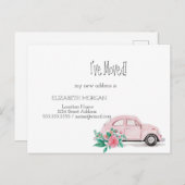 Ik heb me verplaatst, Waterverf roze auto, bloemen Aankondigingskaart (Voorkant / Achterkant)