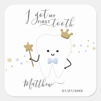 Ik heb mijn eerste tand Baby Boy Teething Date Squ Vierkante Sticker