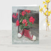 Ik hou van die schoenen en Rode Geraniums Kaart (Gele Bloem)