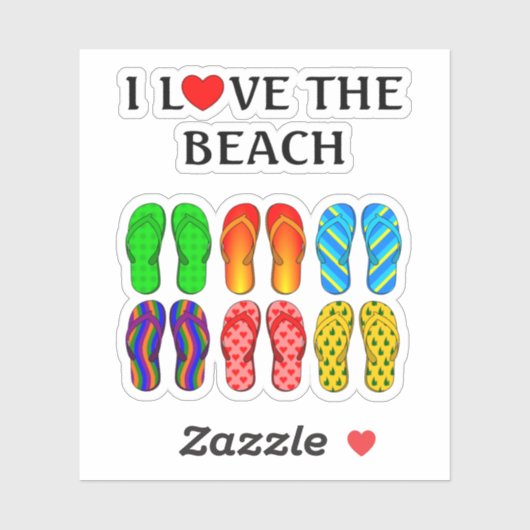Ik hou van het strand, kleurrijke teenslippers sticker (Vel)
