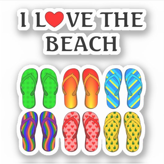 Ik hou van het strand, kleurrijke teenslippers sticker (Voorkant)