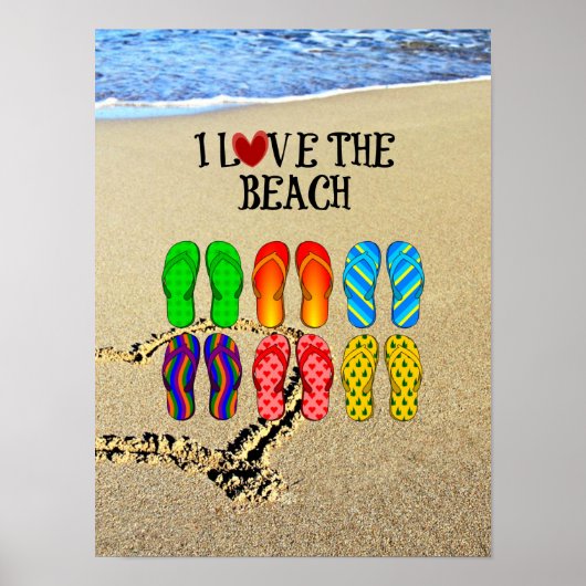 Ik hou van het strand, Teenslippers in de zand Poster (Voorkant)